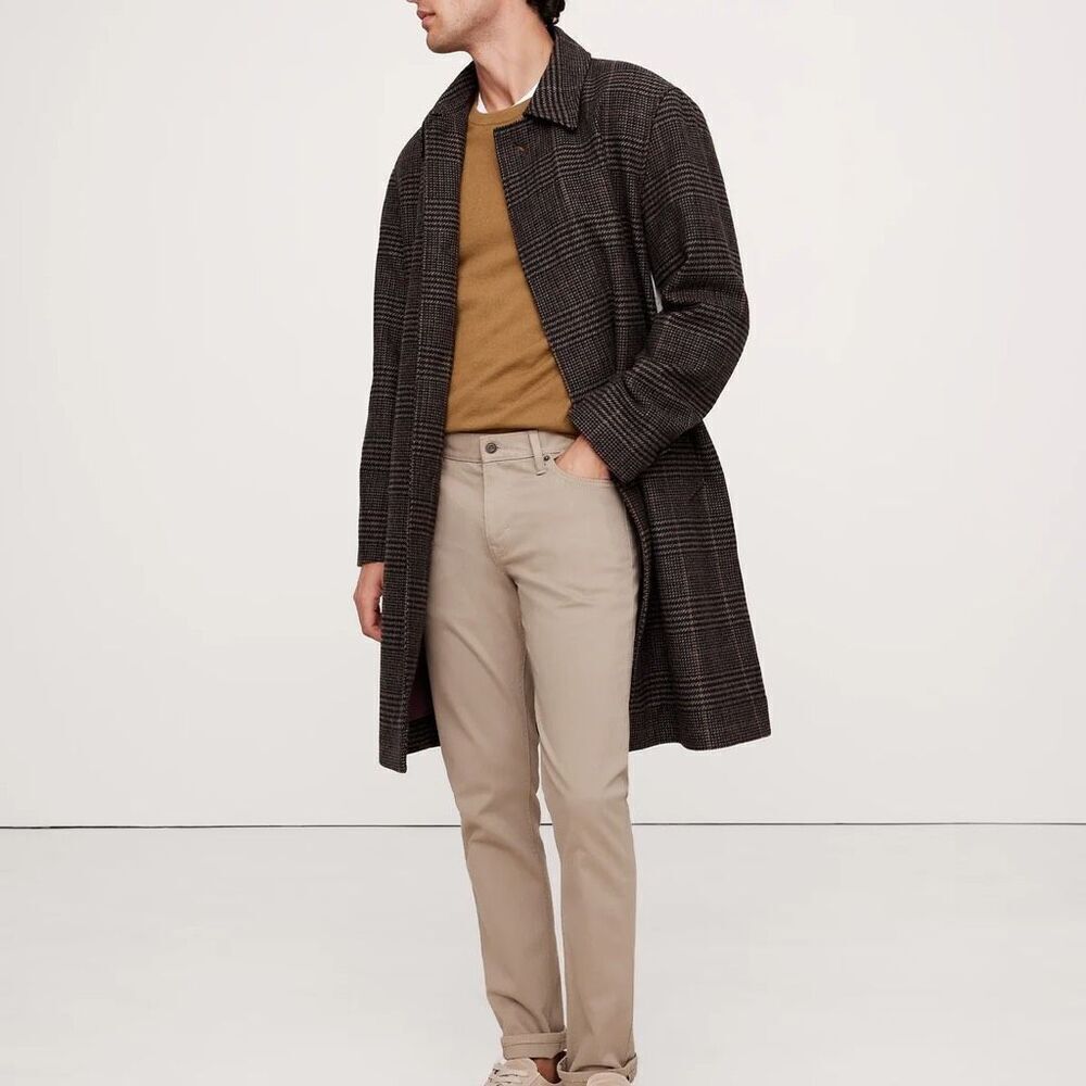 Banana Republic Men’s Houndstooth Brown Plaid Wool Blend Long Line Carcoat